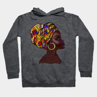 Afro queen With Kinte headwrap- Mahagony brown skin girl with thick glorious, curly Afro Hair and gold hoop earrings Hoodie